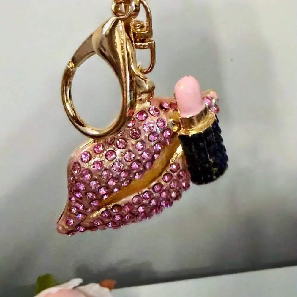 Pink Rhinestone Lips Lipstick Keychain Bag Charm Purse Charm